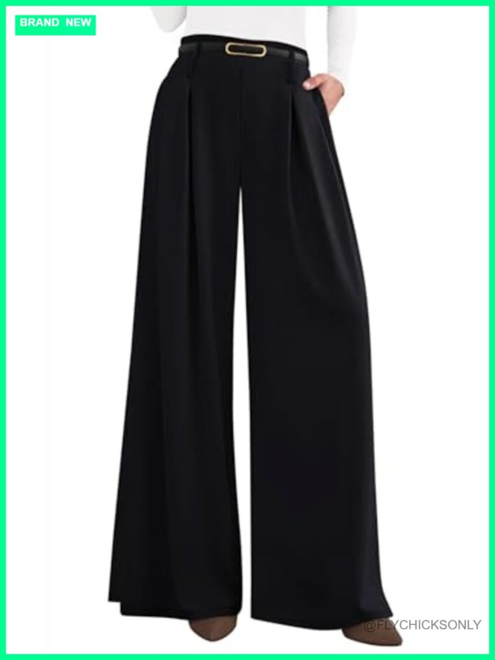 Wide Leg Dress Pants - High Waisted Flowy Trousers with Belt Loops, Pleated